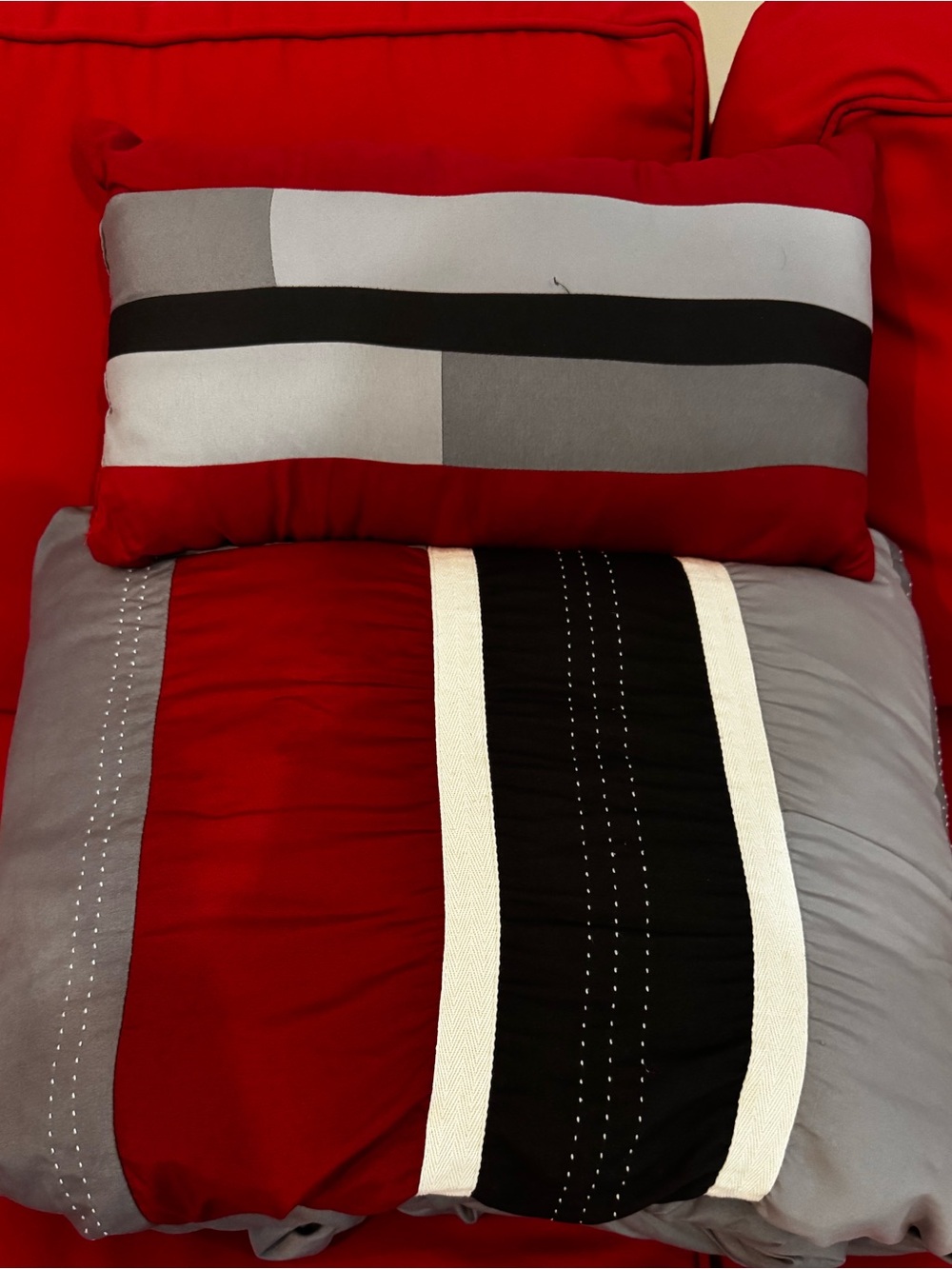 Red and Gray Striped Decorative Pillow